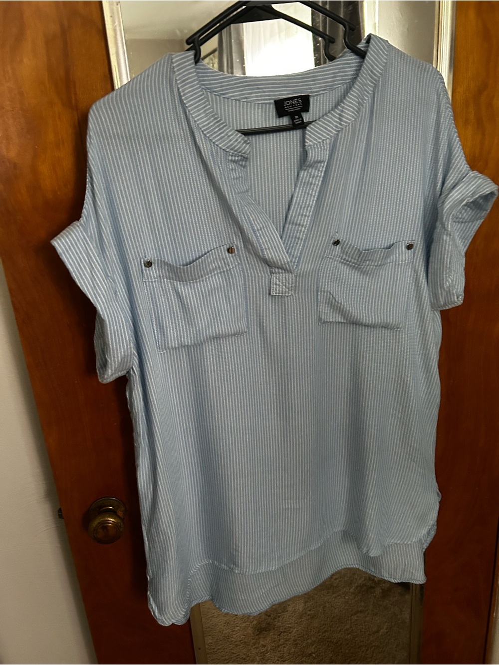 Jones New York Light Blue and White Pinstripe Tunic Blouse